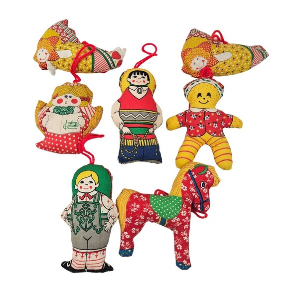Vintage Fabric Stuffed Ornaments Lot Dolls Animals Horse Retro Handmade Christma - Picture 10 of 10
